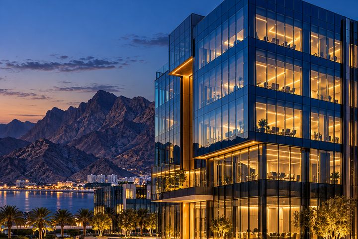 SHABAB INFOTECH office building in Muscat at night