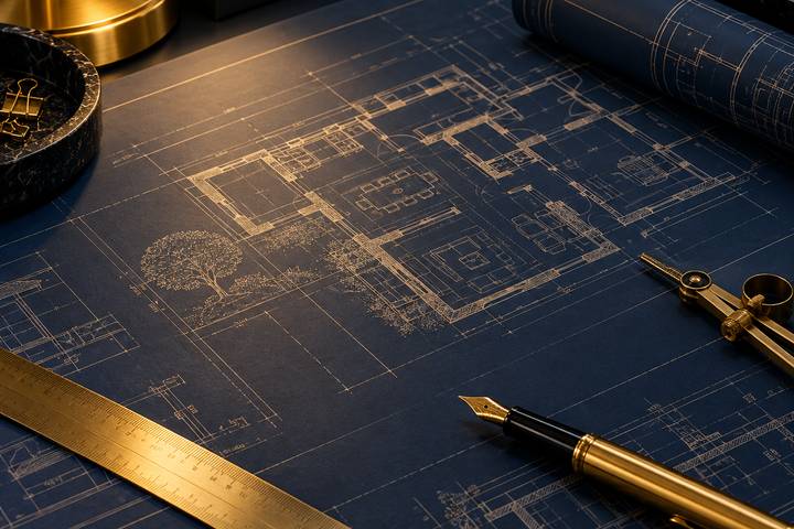 Solution design drawings on a desk