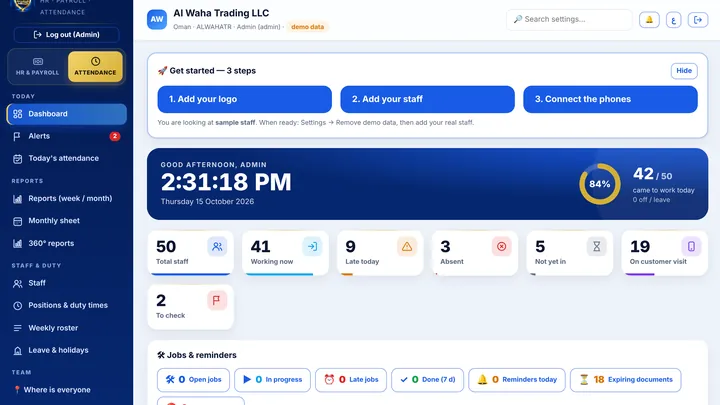 Time Attendance screen, demo data